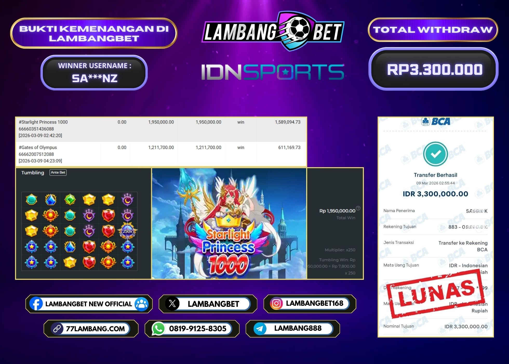LAMBANGBET [9 MARET 2026] JACKPOT SLOT Starlight Princess 1000 "Rp3.300.000" LUNAS